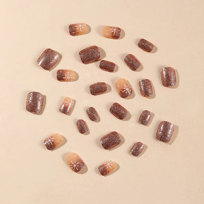 Christmas Short Square Press-On Nails with Snowflake & Starburst Champagne Glitter