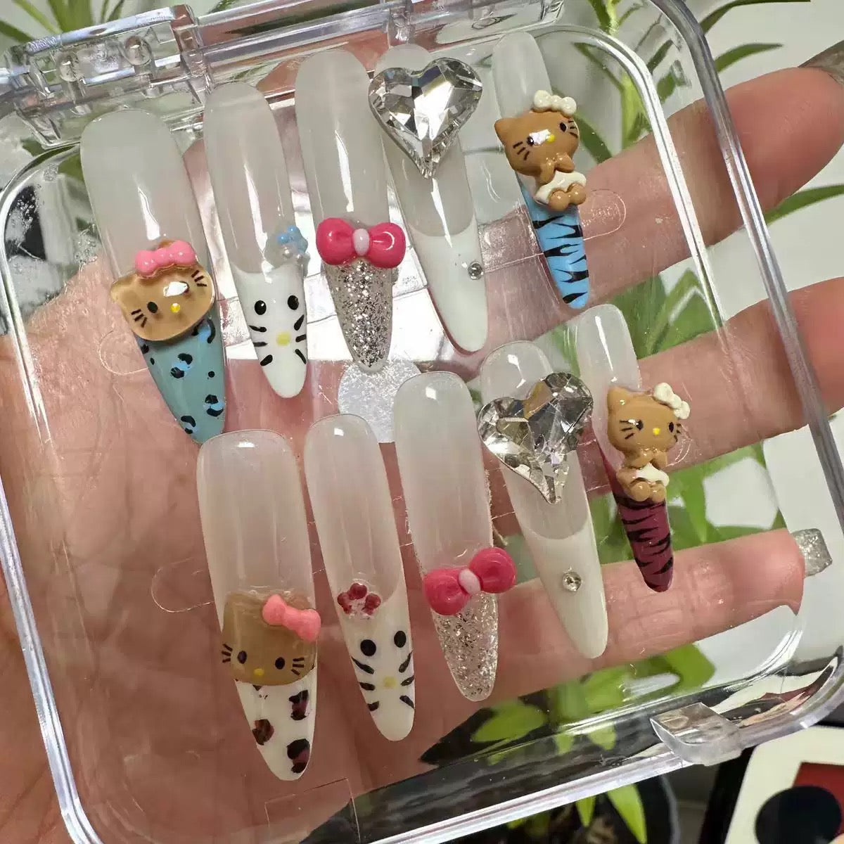 Dopamine Kitty Cat Zebra Print French Long Stiletto Handmade Press-On Nails