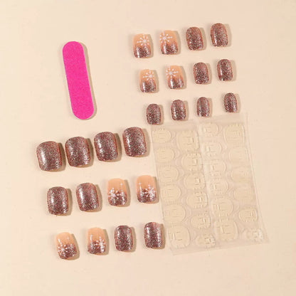 Christmas Short Square Press-On Nails with Snowflake & Starburst Champagne Glitter