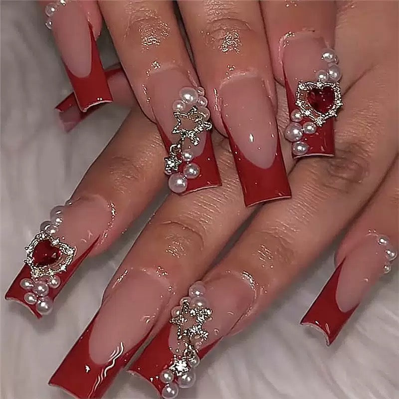 Valentine’s Day Mid-Long Ballet Nails with Red French Tips, Heart, Star & Pearl, Removable Press-On Nails