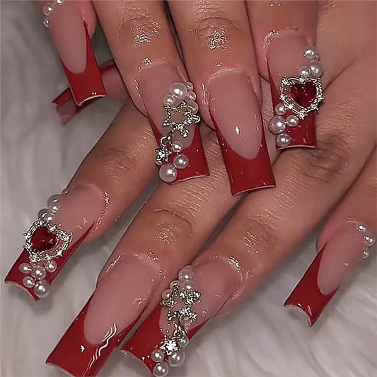 Valentine’s Day Mid-Long Ballet Nails with Red French Tips, Heart, Star & Pearl, Removable Press-On Nails