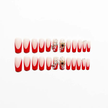 Valentine’s Day Mid-Long Ballet Nails with Red French Tips, Heart, Star & Pearl, Removable Press-On Nails
