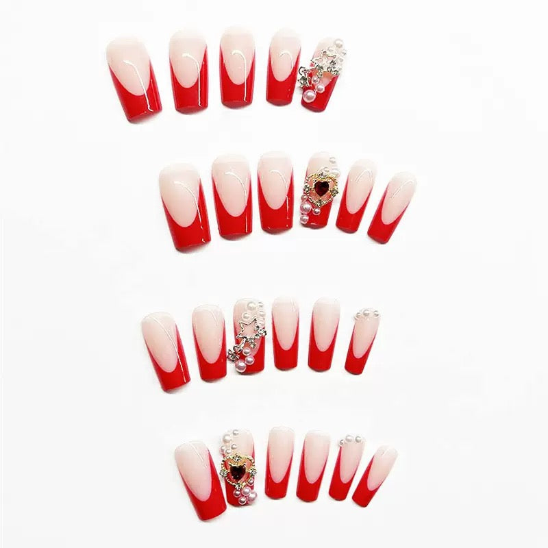 Valentine’s Day Mid-Long Ballet Nails with Red French Tips, Heart, Star & Pearl, Removable Press-On Nails