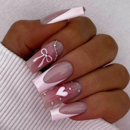 Valentine’s Day High-End French Mid-Length Tube Nails with Sweet Heart Chain, Cute Style Press-On Nails