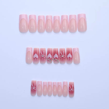 Valentine’s Day High-End French Mid-Length Tube Nails with Sweet Heart Chain, Cute Style Press-On Nails