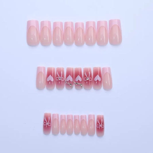 Valentine’s Day High-End French Mid-Length Tube Nails with Sweet Heart Chain, Cute Style Press-On Nails