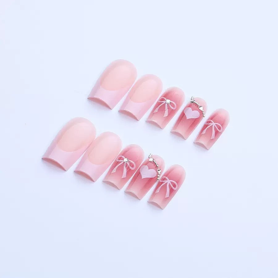 Valentine’s Day High-End French Mid-Length Tube Nails with Sweet Heart Chain, Cute Style Press-On Nails