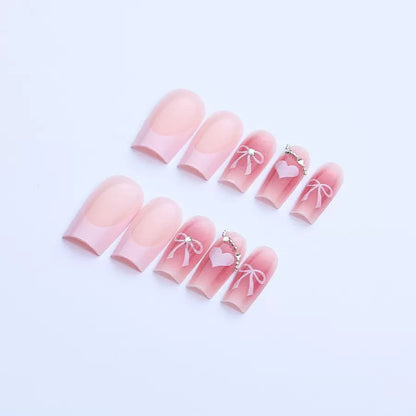 Valentine’s Day High-End French Mid-Length Tube Nails with Sweet Heart Chain, Cute Style Press-On Nails