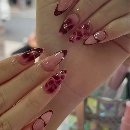 French Wine-Red Minimalist Petal Flower Almond Press-On Nails