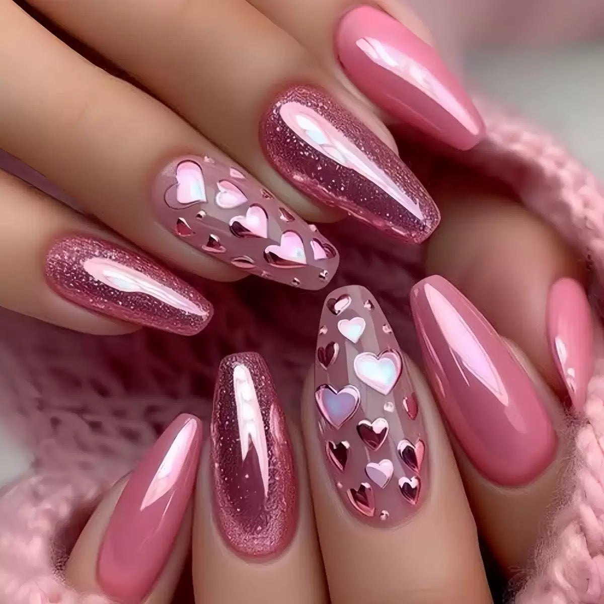 Valentine’s Day Pink Nails, Minimalist European Square Nail Tips with Heart Glitter, Press-On Nails