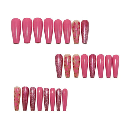 Valentine’s Day Pink Nails, Minimalist European Square Nail Tips with Heart Glitter, Press-On Nails
