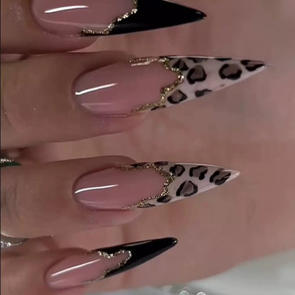 French Leopard Print Glam Nails with Black Contrast, Extra-Long Stiletto Press-On Nails