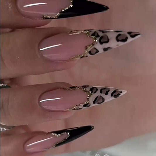 French Leopard Print Glam Nails with Black Contrast, Extra-Long Stiletto Press-On Nails