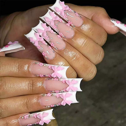 Valentine’s Day Pink Press-On Nails with Bow, Rhinestone, and Floral Design