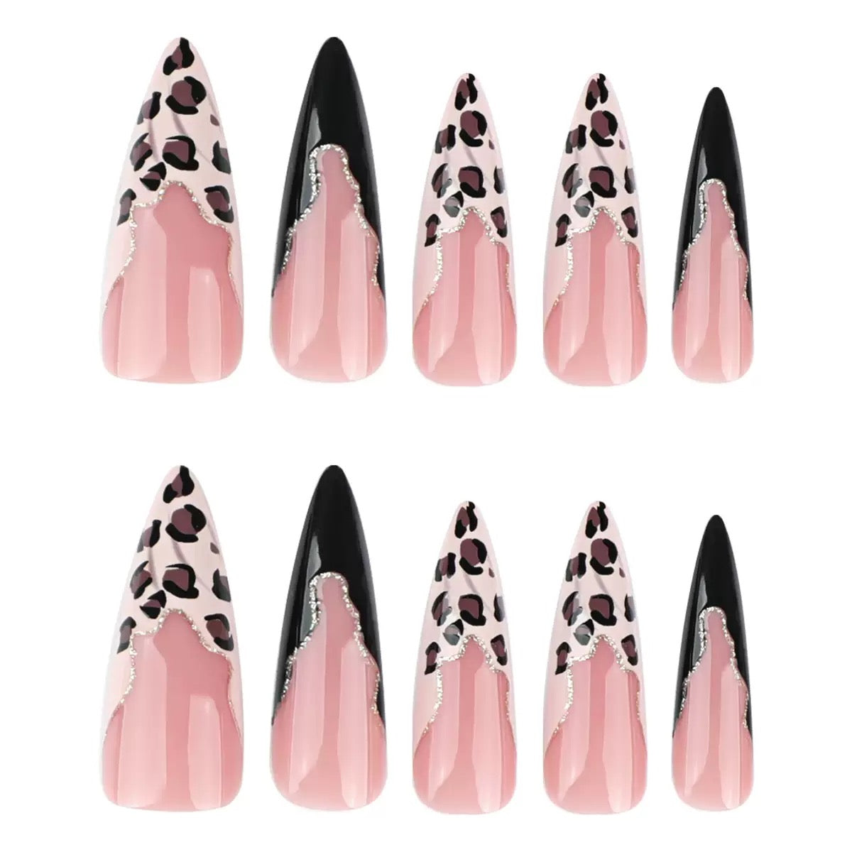 French Leopard Print Glam Nails with Black Contrast, Extra-Long Stiletto Press-On Nails