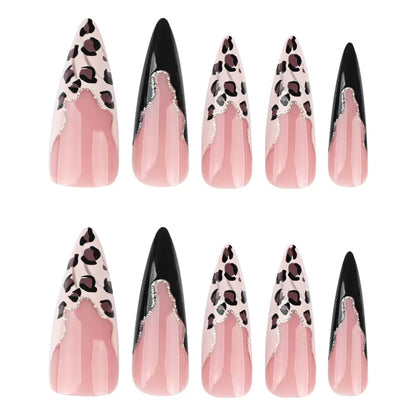 French Leopard Print Glam Nails with Black Contrast, Extra-Long Stiletto Press-On Nails