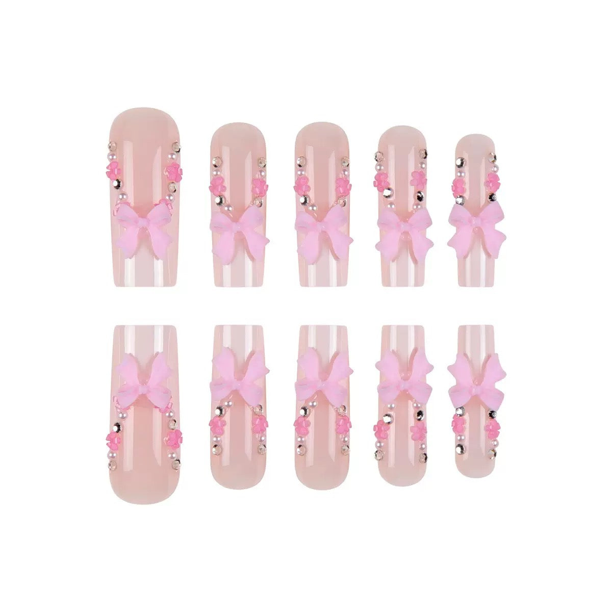 Valentine’s Day Pink Press-On Nails with Bow, Rhinestone, and Floral Design