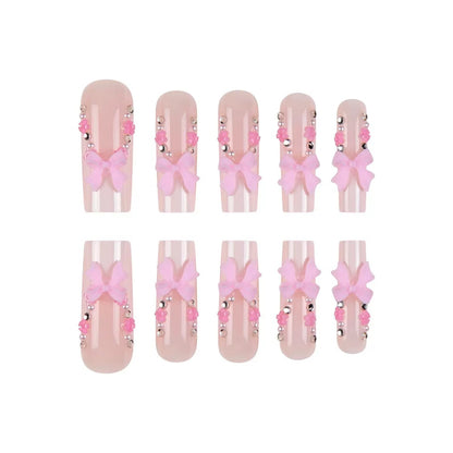 Valentine’s Day Pink Press-On Nails with Bow, Rhinestone, and Floral Design
