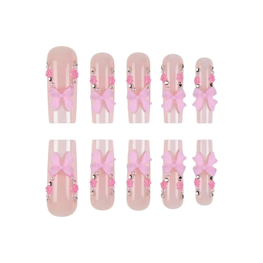 Valentine’s Day Pink Press-On Nails with Bow, Rhinestone, and Floral Design