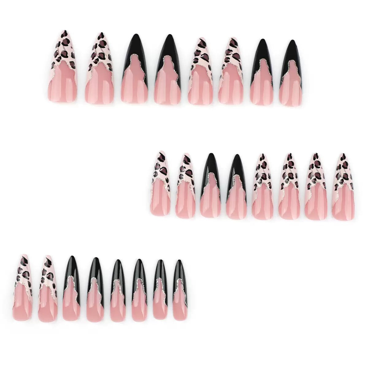 French Leopard Print Glam Nails with Black Contrast, Extra-Long Stiletto Press-On Nails
