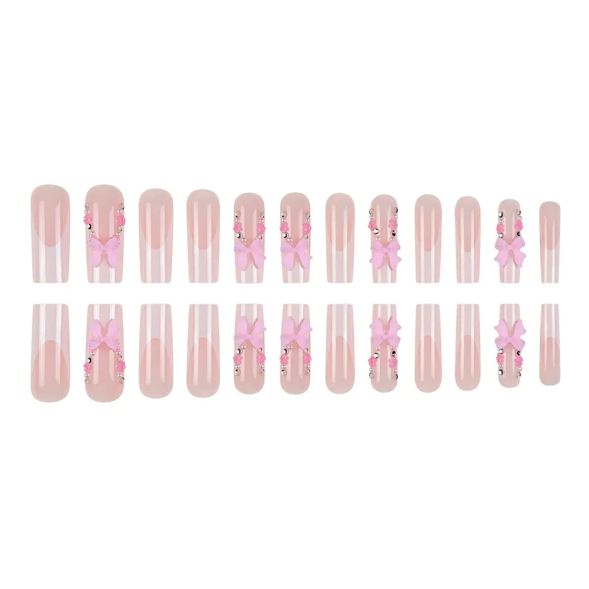 Valentine’s Day Pink Press-On Nails with Bow, Rhinestone, and Floral Design