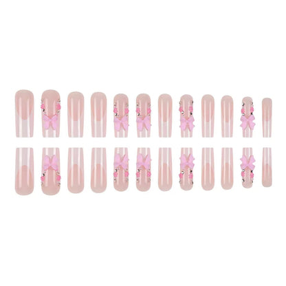 Valentine’s Day Pink Press-On Nails with Bow, Rhinestone, and Floral Design