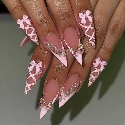 Valentine’s Day Sweet 3D Bow French-Style Short Almond Press-On Nails in Lotus Pink