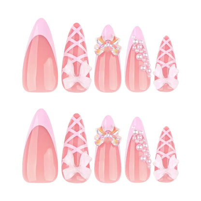 Valentine’s Day Sweet 3D Bow French-Style Short Almond Press-On Nails in Lotus Pink