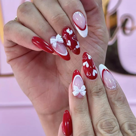 Valentine’s Day Red & White French-Tip Almond Press-On Nails with Heart and Bow Decorations