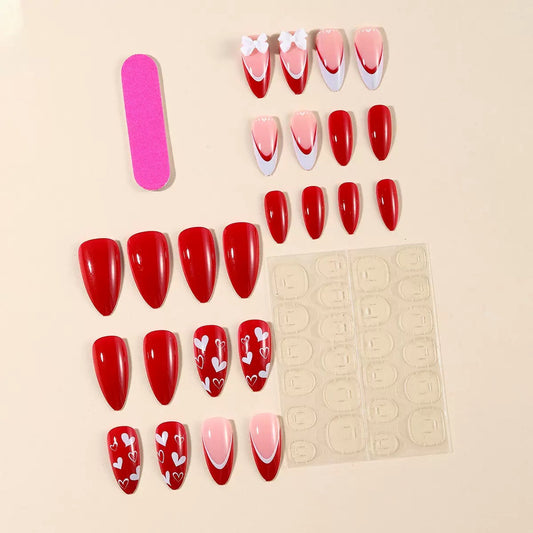 Valentine’s Day Red & White French-Tip Almond Press-On Nails with Heart and Bow Decorations