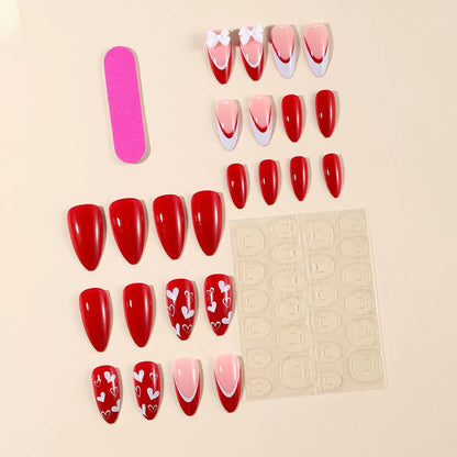 Valentine’s Day Red & White French-Tip Almond Press-On Nails with Heart and Bow Decorations