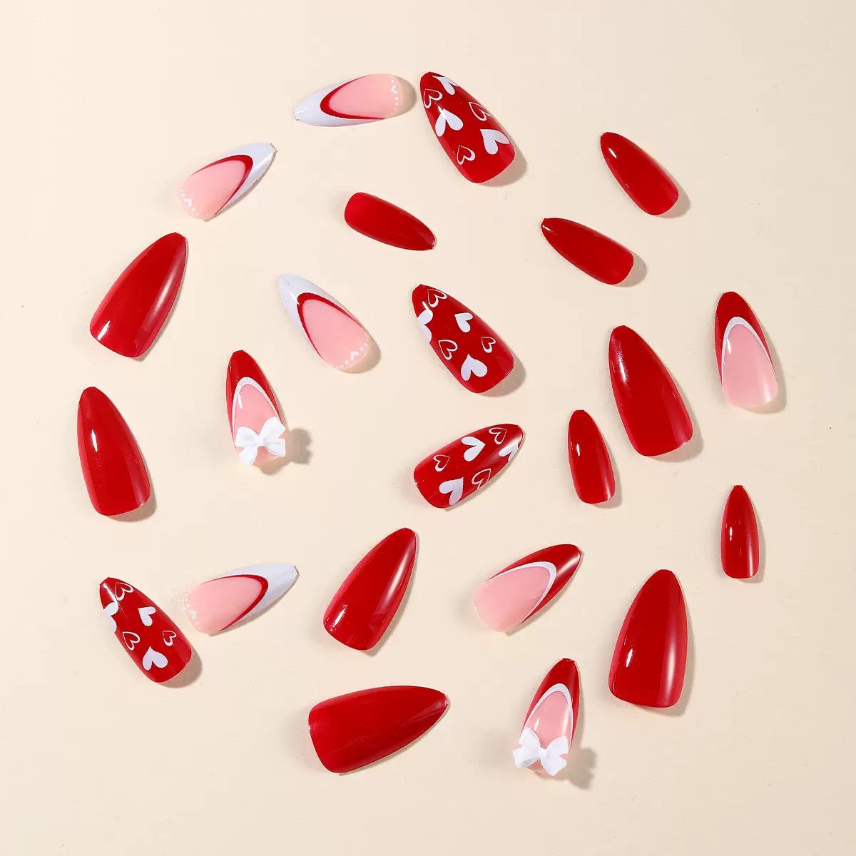 Valentine’s Day Red & White French-Tip Almond Press-On Nails with Heart and Bow Decorations