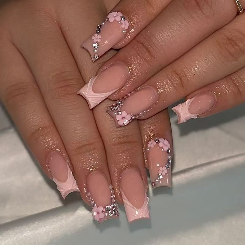 French Sparkling Rhinestone Flower Press-On Nails