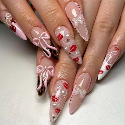 Valentine’s Day 3D Bow Press-On Nails with Rhinestones, Pearls, and Leopard Print — Removable Sexy It-Girl Style