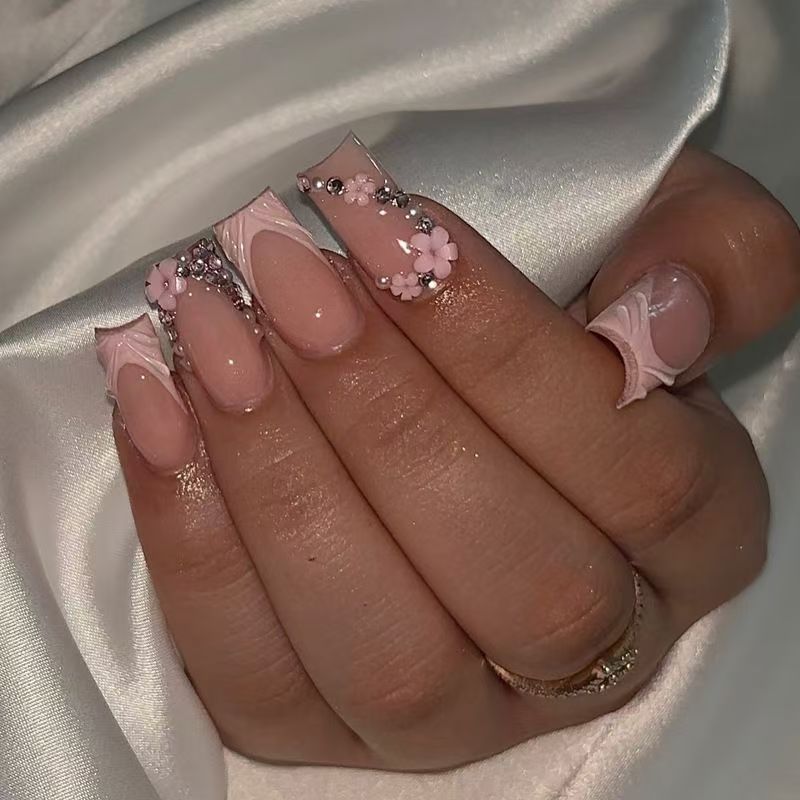 French Sparkling Rhinestone Flower Press-On Nails