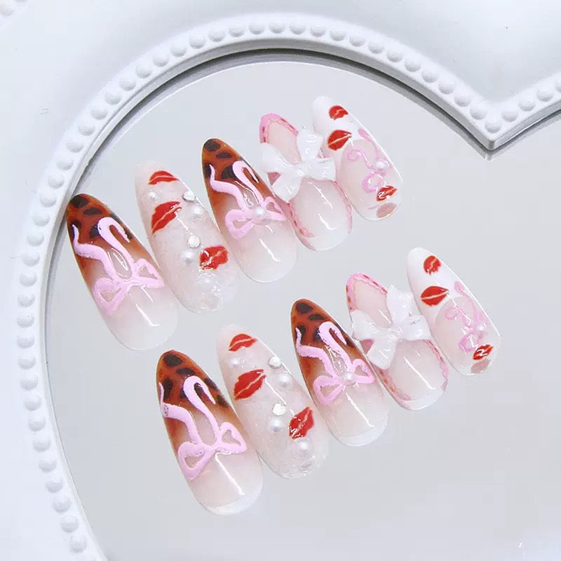 Valentine’s Day 3D Bow Press-On Nails with Rhinestones, Pearls, and Leopard Print — Removable Sexy It-Girl Style