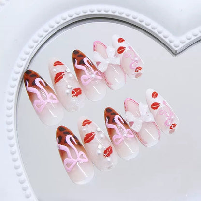 Valentine’s Day 3D Bow Press-On Nails with Rhinestones, Pearls, and Leopard Print — Removable Sexy It-Girl Style