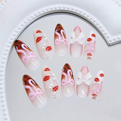 Valentine’s Day 3D Bow Press-On Nails with Rhinestones, Pearls, and Leopard Print — Removable Sexy It-Girl Style