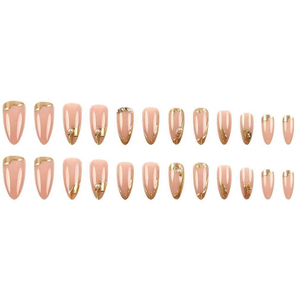 3D Gold-Plated Pearl & Sparkling Diamond Almond Press-On Nails
