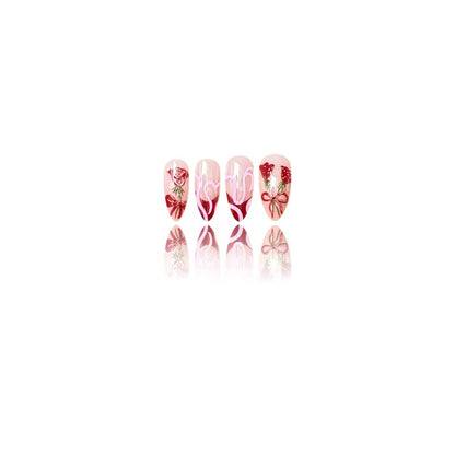 Valentine’s Day Soft Pink Base Almond Press-On Nails with Red French Tips, Bow, Rose Pink, and Heart Design