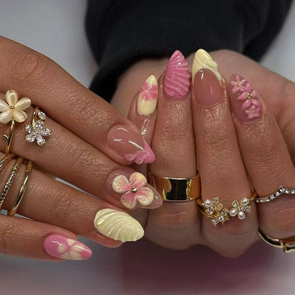 Soft & Elegant 3D Gradient Ice Flower Short Almond Press-On Nails