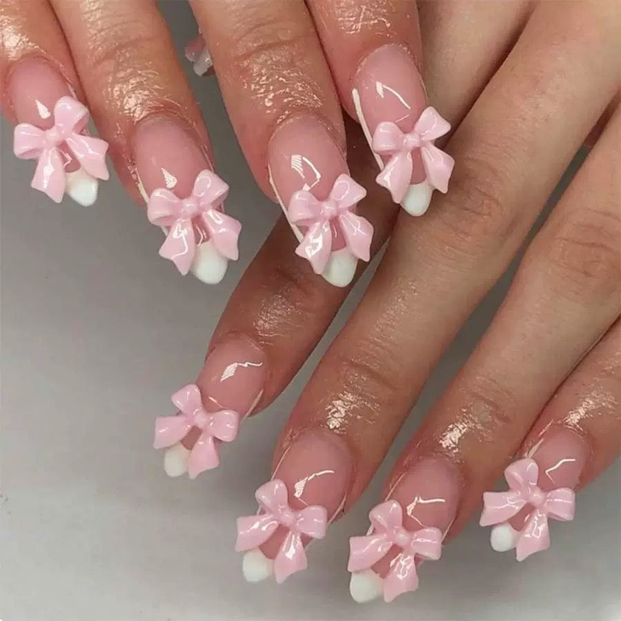 Valentine’s Day White French Short Almond Press-On Nails with Pink Bow Design