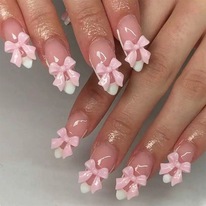 Valentine’s Day White French Short Almond Press-On Nails with Pink Bow Design