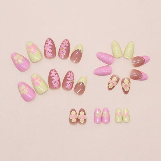 Soft & Elegant 3D Gradient Ice Flower Short Almond Press-On Nails