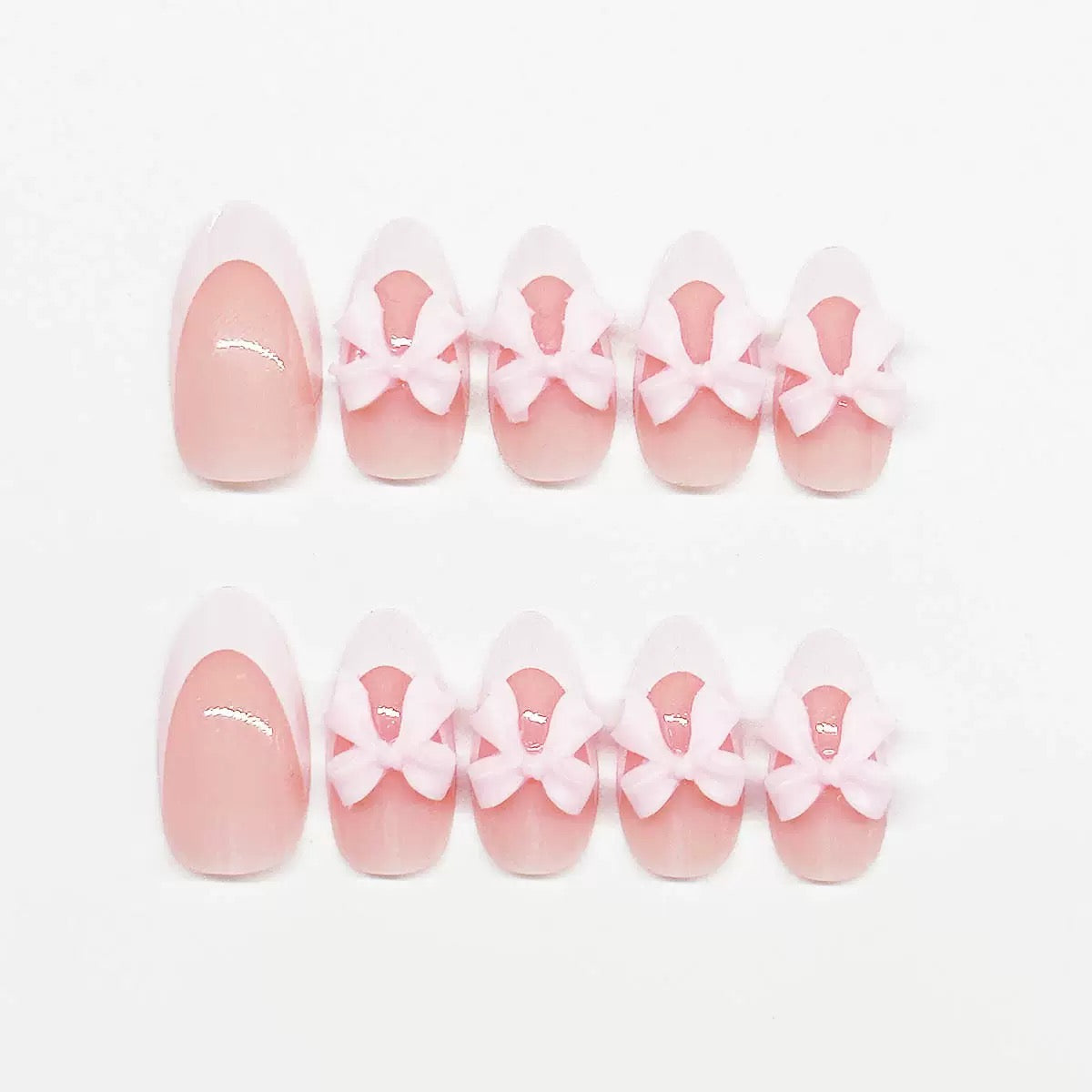 Valentine’s Day White French Short Almond Press-On Nails with Pink Bow Design
