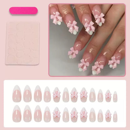 Valentine’s Day White French Short Almond Press-On Nails with Pink Bow Design
