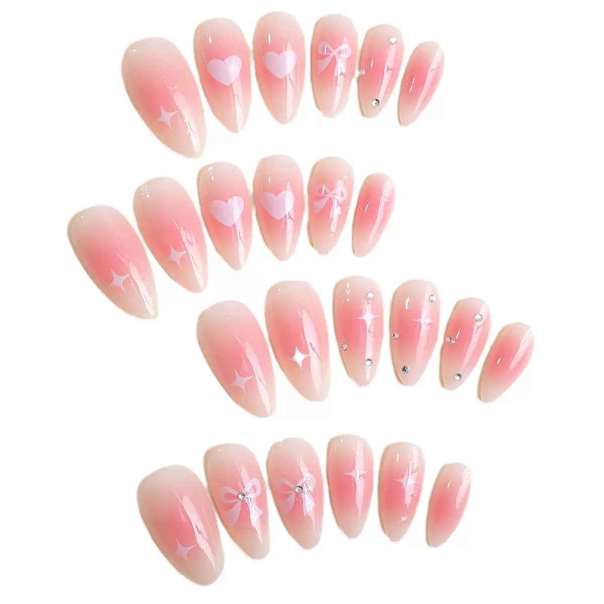 Valentine’s Day Simple Almond Press-On Nails with Heart, Bow, and Rhinestone Accents
