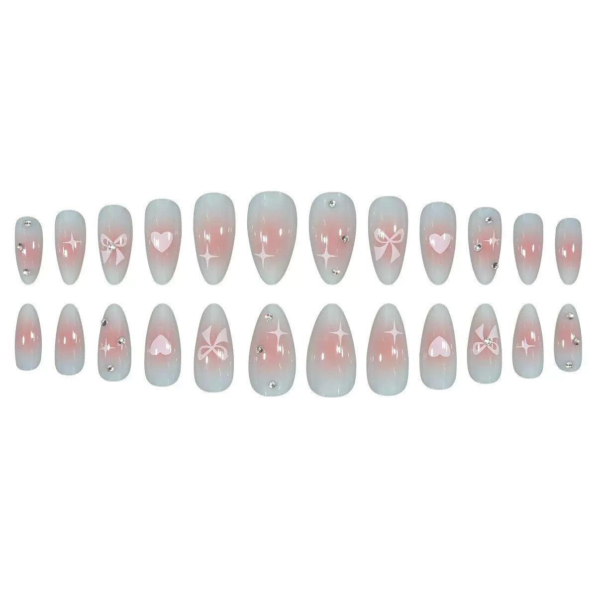 Valentine’s Day Simple Almond Press-On Nails with Heart, Bow, and Rhinestone Accents
