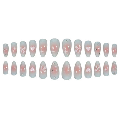 Valentine’s Day Simple Almond Press-On Nails with Heart, Bow, and Rhinestone Accents