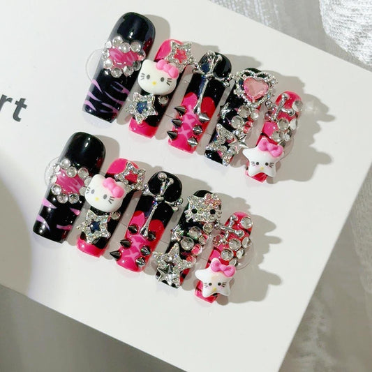 Abby Sweet & Cool Kitty Square Tube Handmade Press-On Nails for Trendy Girls